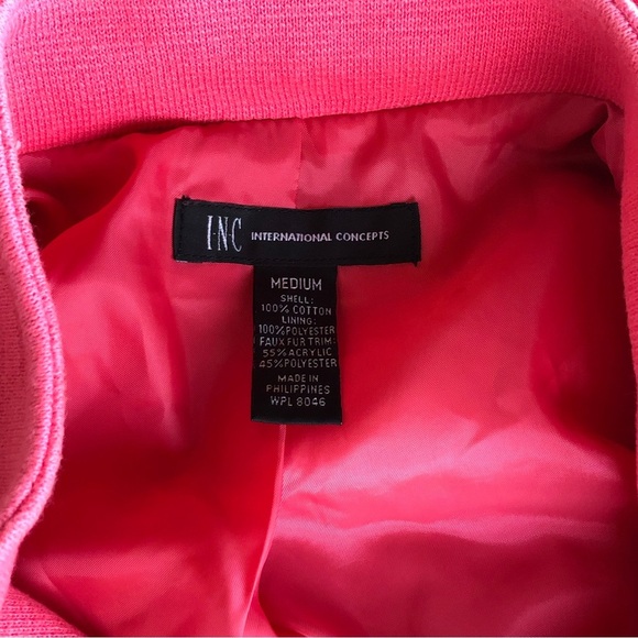 INC Long Full Zipper Lined Removable Hoodie With Fur Coral Pink Pockets Jacket M - Picture 12 of 13